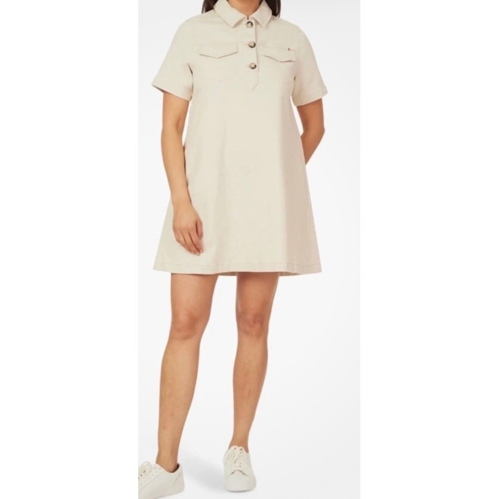 Scotch & Soda Cream Denim Shirt Dress Oversized Short Sleeve Raw Hem Utility Med